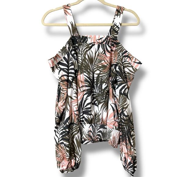 Bebe women’s size large cold shoulder v-neck natural palm print tropical beach - Picture 1 of 12